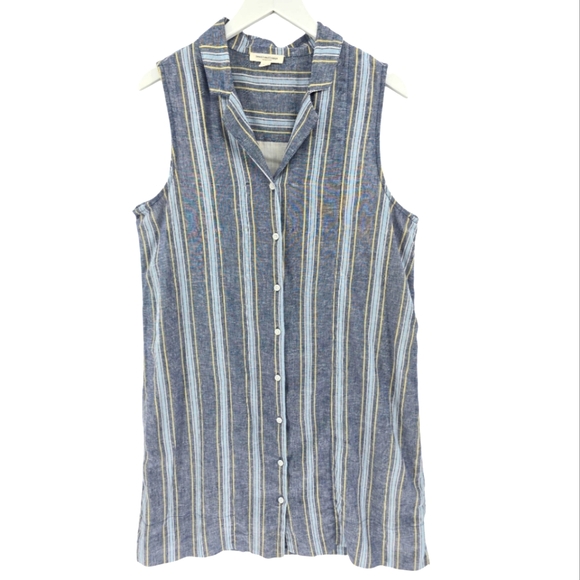 Beach Lunch Lounge Linen Blend Dress Size Large Fully Lined Blue Stripe - Picture 1 of 7